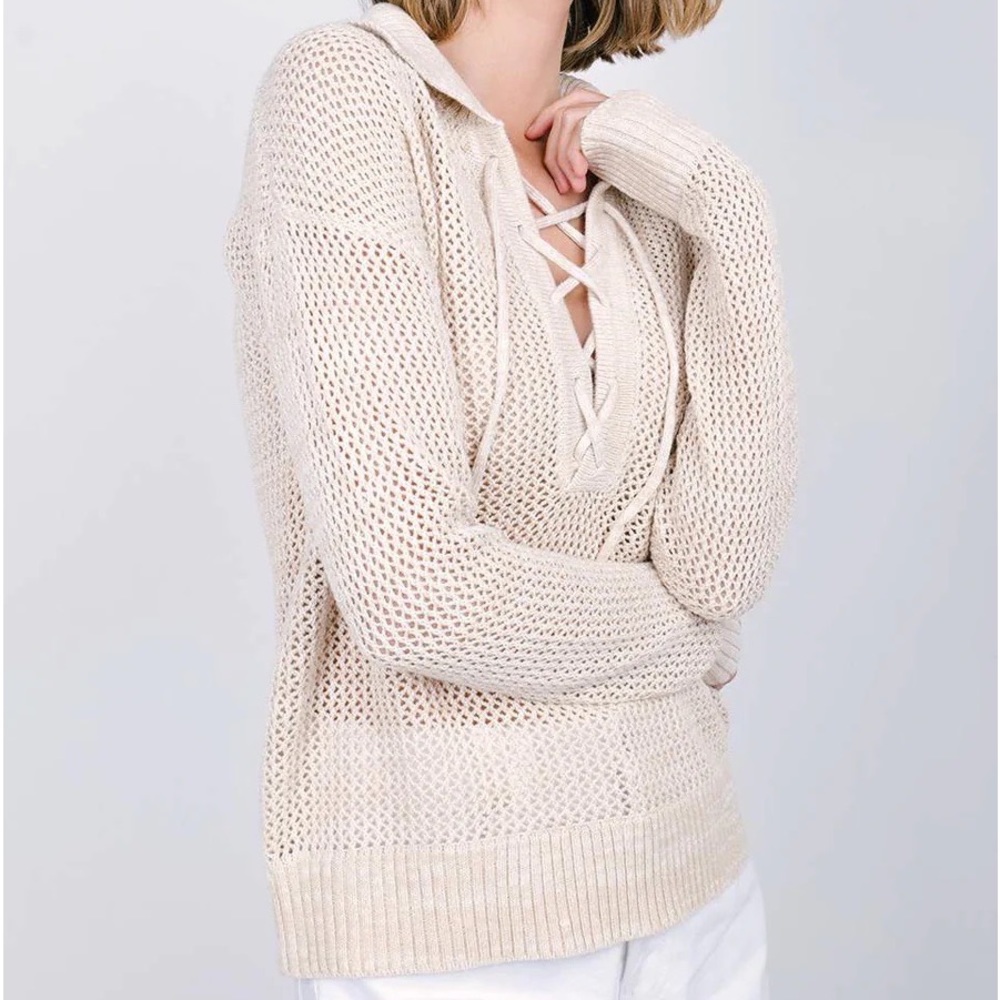 Lace up transitional cotton sweater .